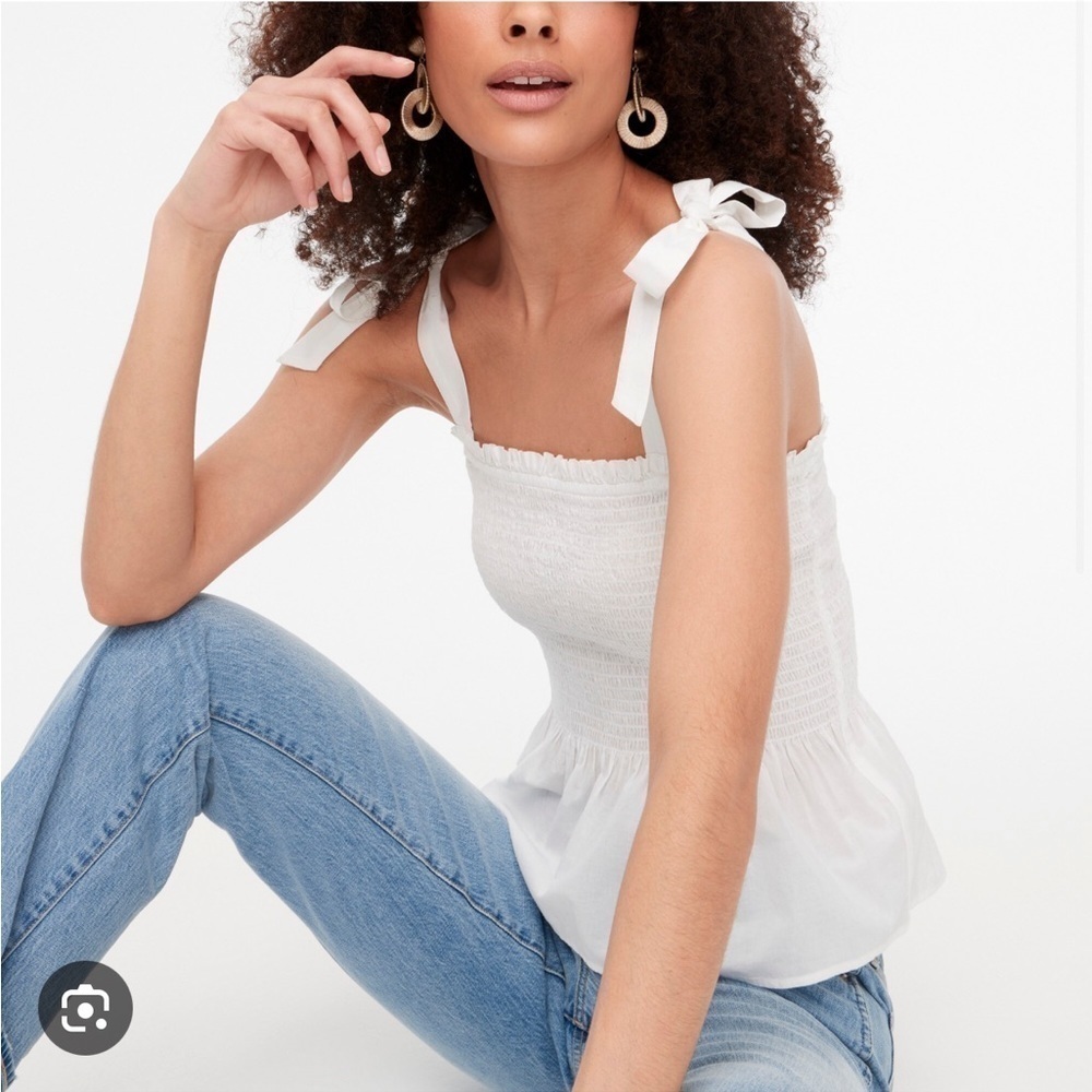 J. Crew white smocked tie shoulder cotton tank blouse. Size XL. New. Style BH858